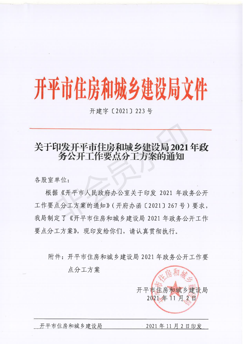 开建字〔2021〕2223号 关于印发开平市住房和城乡建设局2021年十大足彩平台工作要点分工方案的通知_00.png